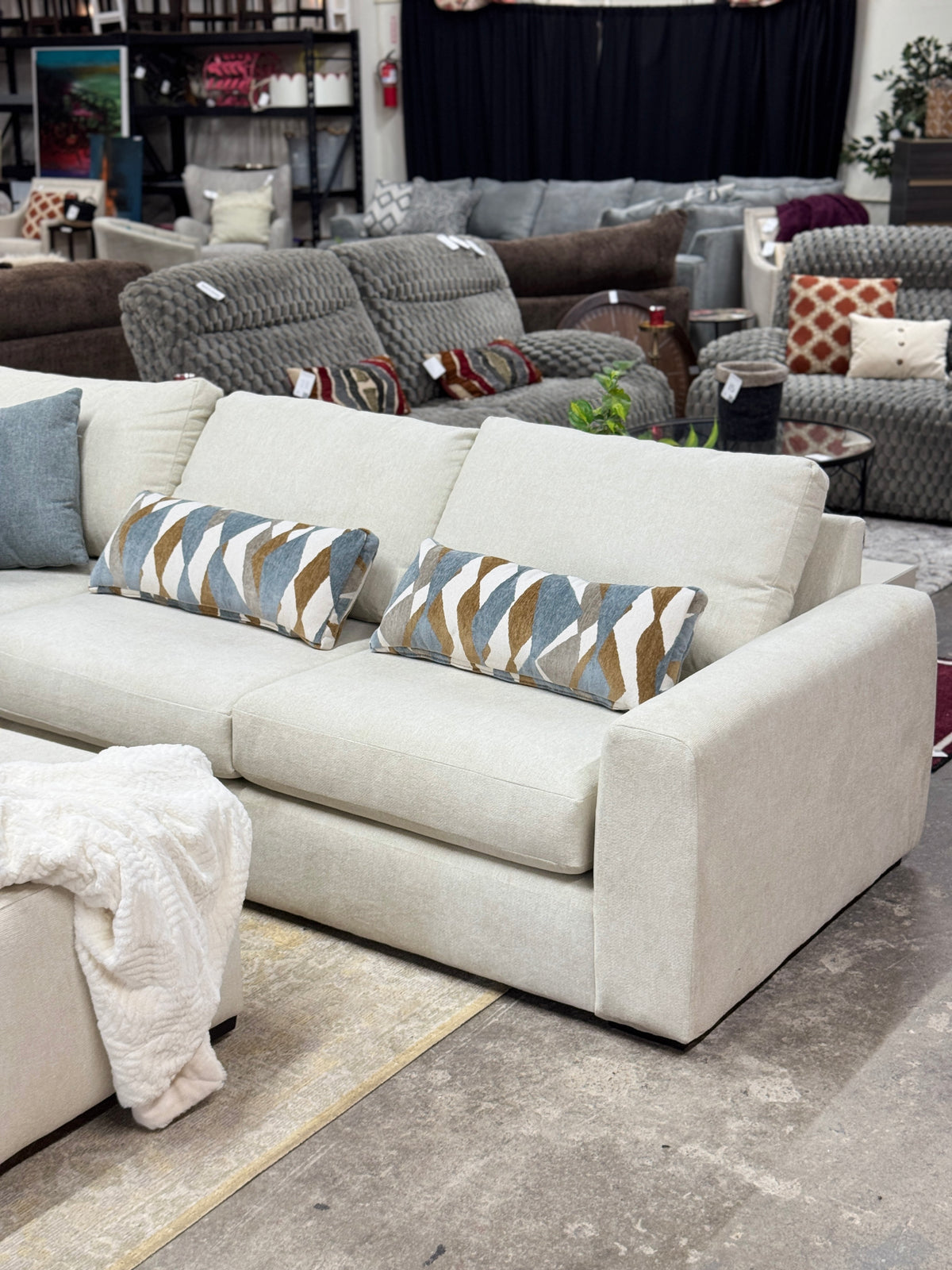 Cascade L-Shape Sectional in Cream with Rolling Ottoman