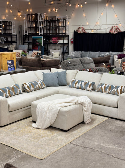 Cascade L-Shape Sectional in Cream with Rolling Ottoman
