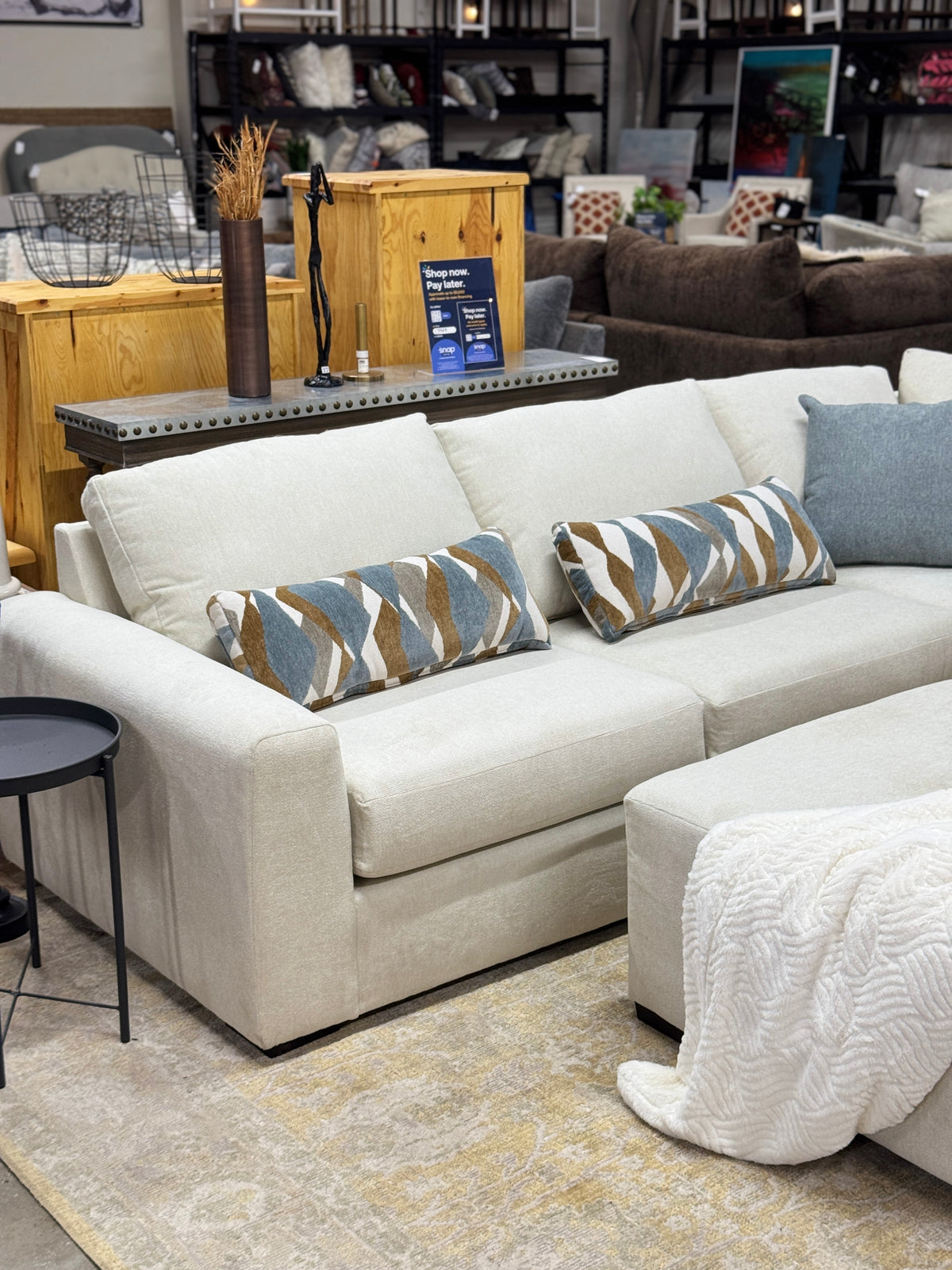 Cascade L-Shape Sectional in Cream with Rolling Ottoman