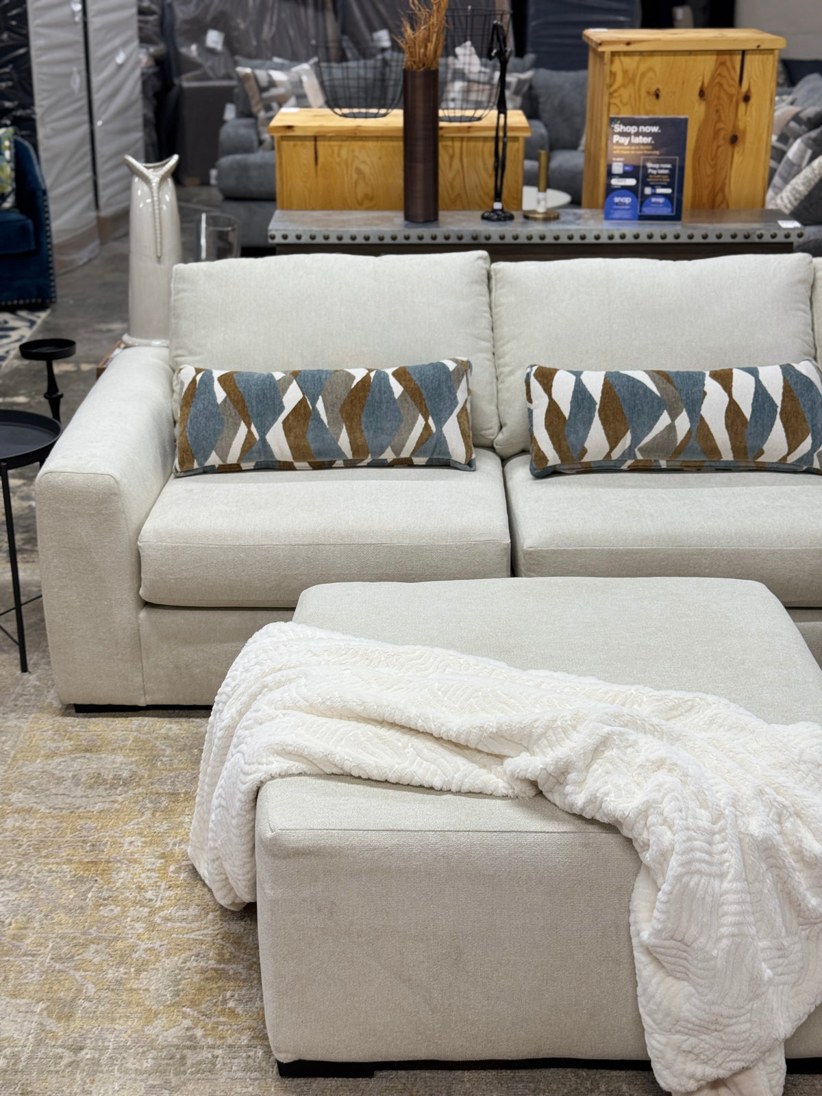 Cascade L-Shape Sectional in Cream with Rolling Ottoman