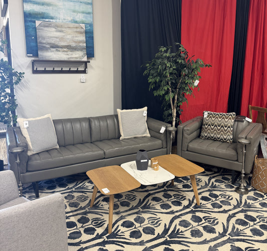 Moroni Top-Grain Leather Sofa Chair Set in Dove Grey