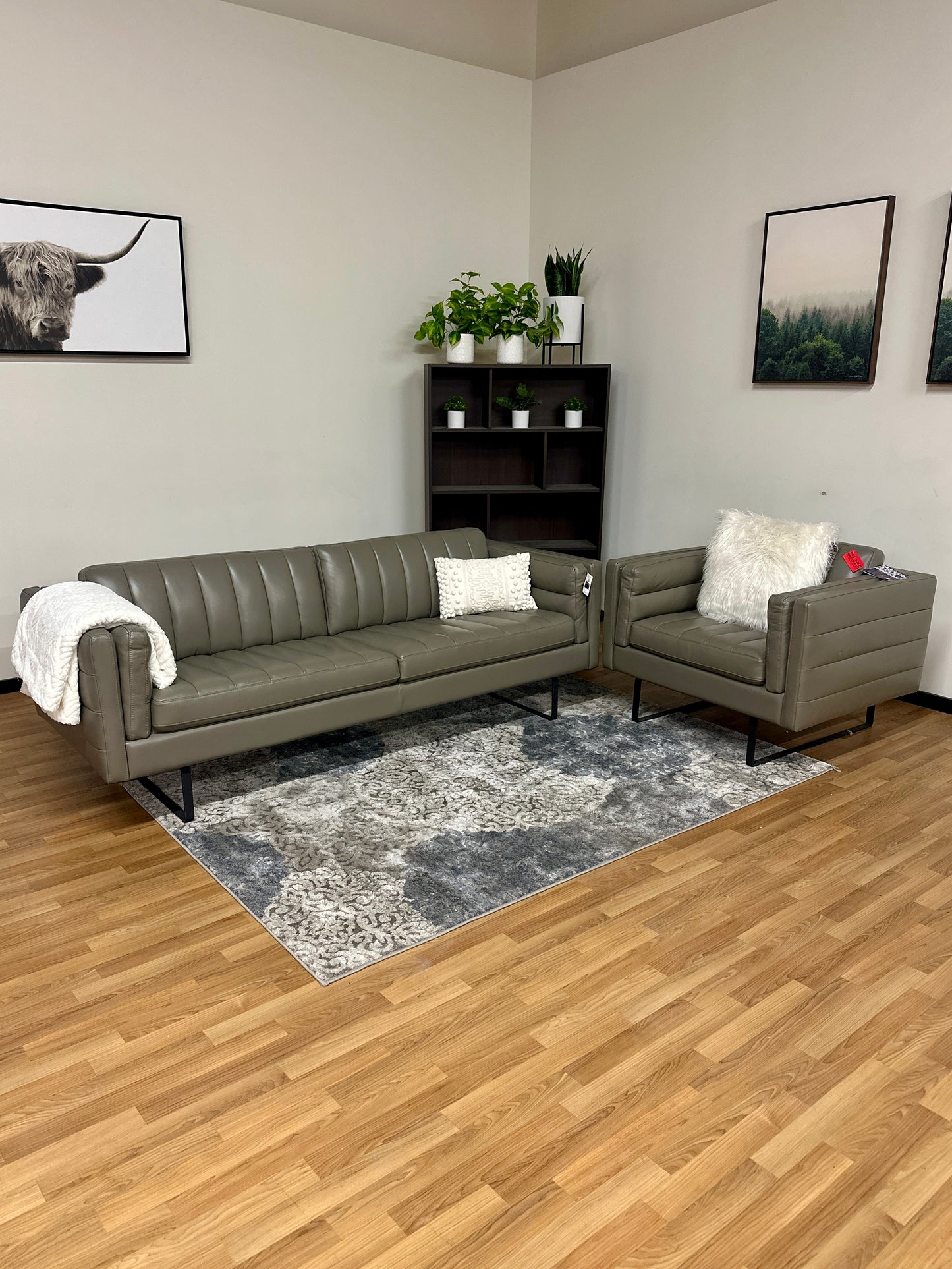 Moroni Top-Grain Leather Sofa Chair Set in Dove Grey