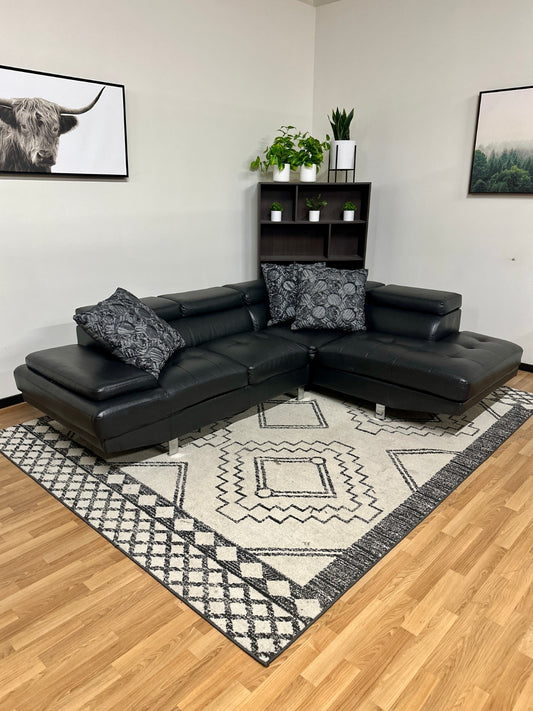 Black Faux Leather Sectional w/ Folding Headrests