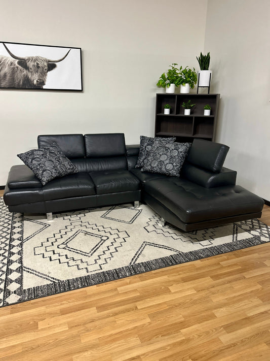 Black Faux Leather Sectional w/ Folding Headrests