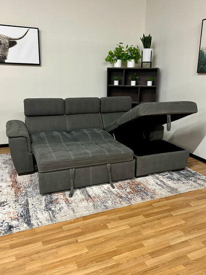 Grey Sleeper Pullout Sectional Couch w/ Storage